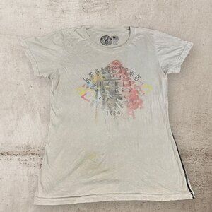 Affliction T-Shirt Women's Size L Large Paint Grunge Raw Seams SS‎ Customs